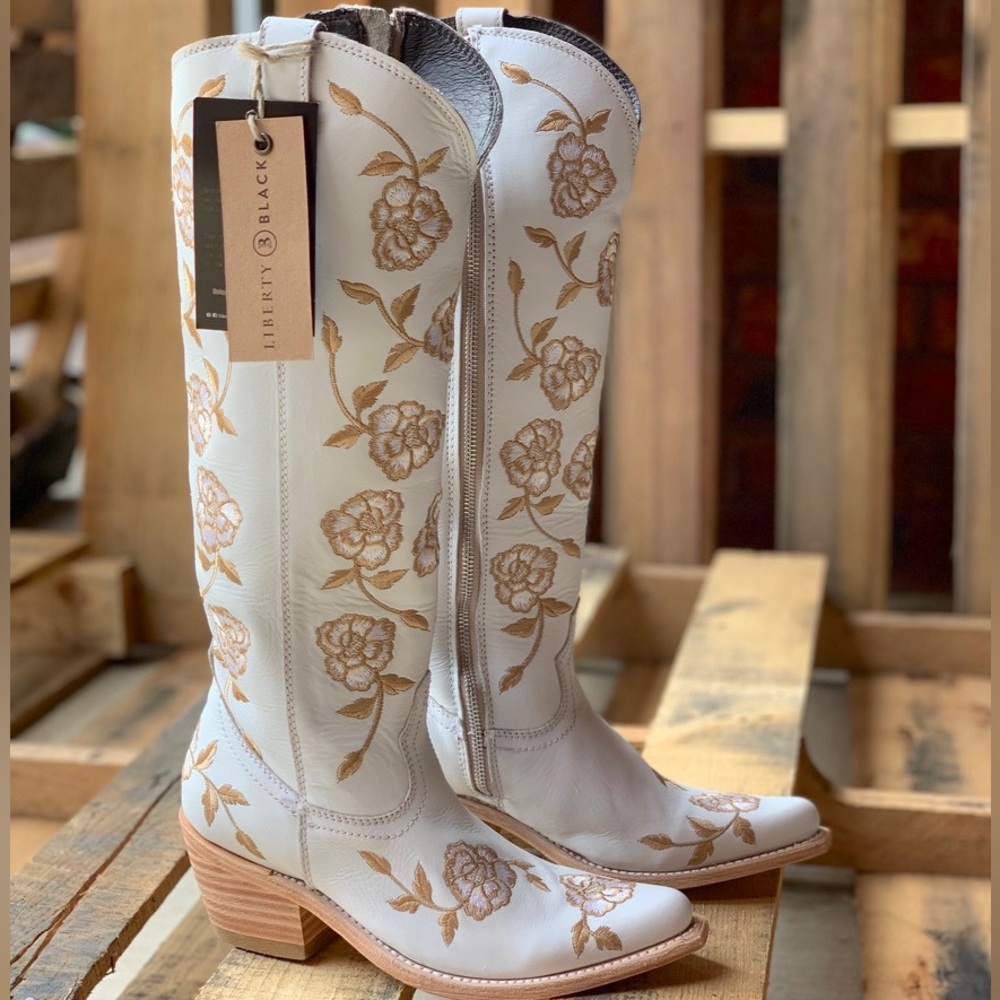 Liberty Black Garden Blanco Floral Tall White Leather Cowboy Western Boots